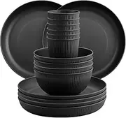 FUNYKICH 18PCS Plastic Plates and Bowls Set, Black Camping Plates and Bowls Set, Unbreakable Kids Plates and Bowls Sets with Dessert Plates, Bowls, Cups, Camping Dinner Set Dishwasher & Microwave Safe