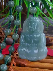 Myanmar Jade Oil Green Bodhisattva Pendant with Jade Buddha Bead Necklace