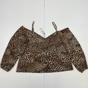 Boohoo Top 14 Brown Leopard Print Off The Shoulder Long Sleeve Strappy V-Neck