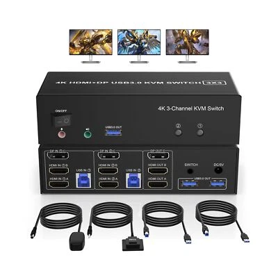 2 HDMI + 1 Displayport KVM Switch 3 Monitor 2 Computers, 4K@60Hz Triple Monit...