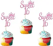 Arthsdite 24pcs Sweet 16 Cupcake Toppers Pink Glitter Sixteen Cupcake Picks Youth Teenager 16th Birthday Party Cake Decorations Supplies