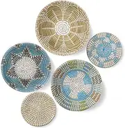 COYACOOL Hanging Woven Wall Basket Decor, Boho Wicker Wall Baskets Decor Flat set of 5, Boho Art Round Seagrass Decorations for Kitchen 7.8” to 13.4”