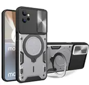 case For Moto G32 Slide Camera Lens Protection and Built in 360 Rotatable Ring Holder - Silvery