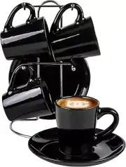 Black 9-Pc Espresso Set W/Metal Stand, 4 Espresso Cup Set, Cup & Saucer Set, Col