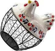 Fruit Basket Metal Wire Egg Storage Basket Farmhouse Style Ceramic Chicken Shaped Vintage Egg Holder Fruit Snack Container Basket with Handles for Home Kitchen Assorted Color Office Decor