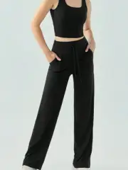 Women's High Waisted Wide Leg Lounge Pants With Drawstring And Pockets