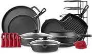 [cuisinel] Cast Iron Cookware Set - Complete Pre-Seasoned Kit - 8" Skillet + 10"+12" Skillets with Glass Lid + Grill Pan + Multi-Cooker/Dutch Oven + Flat Griddle + Pizza Pan + Pan Rack Organizer - 2024