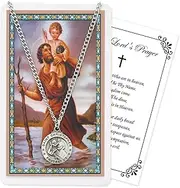 [Trendzeen] St Christopher Necklace Mens, Womens Jewelry - Pewter St Christopher Pendant on 24 Inch Silvertone Chain with Saint Christopher Card, Lord's Prayer Card - Saint Christopher Necklace For Men, Women Set