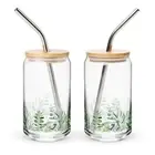 New Can-Shape Glass w/Lid and Straw Minimalist Green Fauna Durable Hand Wash