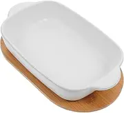 Dual Handle Ceramic Baking Tray with Wood Base Oven Microwave and Dishwasher Safe Baked Rice Serving Plate for Chicken Vegetables Bread and Pasta