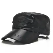 Collrown Genuine Sheepskin Leather Cap Men's Flat Cap Adjustable Outdoor Casual Black Caps for Spring Fall