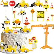 [Gyufise] 27Pcs Construction Cake Toppers Vehicles Cake Decorations Truck Excavator Tower Crane Cupcake Topper Bulldozer Backhoe Traffic Road Sign Cake Decor Construction Theme Birthday Party Supplies