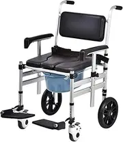 Folding Toilet Shower Chair, Mobile Bedside Commodes Rolling Shower Chair Waterproof Wheelchair Mobility Assist Toilet Chair Transport Commode Chair For Elder, Disabled People