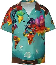 [YANYU] World Map Print Hawaiian Shirts Men Short Sleeve Button Down Cuban Collar Shirt Summer Beach Days