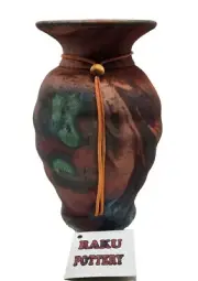 Raku Pottery Vase Urn Signed New Copper Blue Teal Ribbed 9.25" Tall