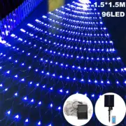 Blue Light Solar Powered Outdoor Christmas Net Lights 96 LED Mesh String Lights