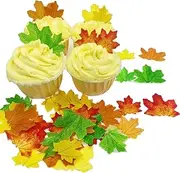 crystalyhj 74pcs Edible Fall Leaves Cake Cupcake Toppers for Baking Food Ice Cubs Rice Paper Autumn Maple LeavesWedding Happy Birthday Party Mixed 2 Size 4 Color
