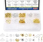 Glarks 1430Pcs Earring Posts and Backs Kit, 10 Styles Metal Silicone Bullet Butterfly Flower Disc Shape Earring Backs Locking with Earring Hooks, Jump Rings and Earring Posts for Earring Making Supplies