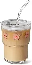 13oz Glass Tumbler with Glass Straw and Lid, Iced Coffee Cups Reusable, Water Cup, Coffee Tumbler, Glass Coffee Mugs, Drinking Glass Cups (Pink Flower)