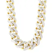 14k Yellow And White Hollow Gold Miami Cuban Pave Link Chain Necklace, Width 11.3mm, 24"
