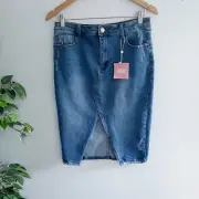 Supre Women's Size 14 Knee Length Denim Skirt Blue Front Split NEW
