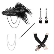 Vintage 1920s The Great Gatsby Flapper Headband Accessories Set Charleston Feather Women's Masquerade Bachelorette Party Festival Adults' Gloves Headband All S