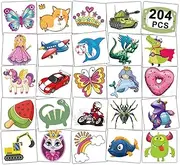 CHARLENT Temporary Tattoos for Kids - 204 PCS Fun Tattoos for Kids Party Supplies,Individually Wrapped Tattoo Stickers for Boys Girls Birthday Party Favors Goodie Bag Fillers