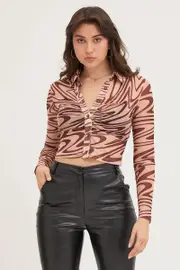 Abstract Print Top Long Sleeve Mesh - Size XS, Women's Top