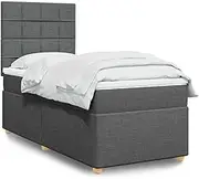 vidaxl Box Spring Bed with Mattress, King Single, Dark Grey, Fabric Upholstered, Pocket Spring Mattress, LED Lights, Adjustable Headboard, Bedroom Furniture