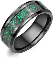 [Adreamz] 8mm Black Tungsten Carbide Ring for Men Women Green Carbon Fiber Celtic Dragon Inlay Promise Wedding Band Beveled Edges Polished Comfort Fit