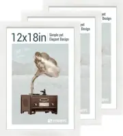 12X18 Poster Frame Set - 3 Pack, Textured White Solid Wood with HD Tempered G...