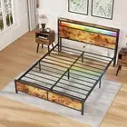 Double Bed Frame Charging Station Remote RGB LED Lights Storage Headboard