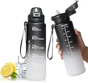 Water Bottle with Straw - 1 L Waterbottle, Portable, Leak Proof Drinks Bottle with Time Marking, Lock Cover, Portable Handle and Integrated Carry Hoop for Cycling, Gym Dishwasher Safe