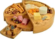 Patented Bamboo Cheese/charcuterie Board With Knife Set-stores As A Compact Wedge-opens To 18" Diameter-designed & Quality Checked In Usa