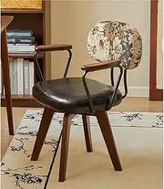 Swivel Desk Chair Faux Leather Upholstered Office Chair No Wheels Armchair with Oak Wood Legs Mid Century Modern Computer Chair for Small Spaces Living Room(Black)