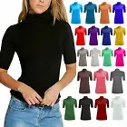 Ladies Turtle Polo Neck Top Short Sleeve High Neck Tee-Shirt Plus Size UK 8-26