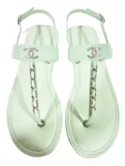 Chanel 22C Green Patent Silver Chain CC Logo Mule Slide Flat Thong Sandal 37