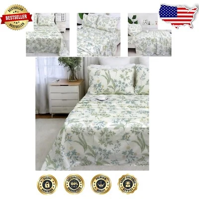 Breathable Green Floral Full Sheet Set - 4 Piece Vintage Bedding with Pockets