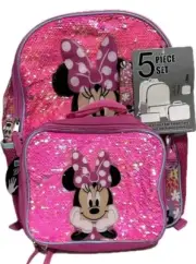Minnie Mouse Backpack with Lunch Bag Pencil Case Set Pink Sequin