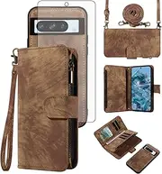 [Asuwish] Phone Case for Google Pixel 8 Pro 5G Zipper Wallet Magnetic Cell Cover with Tempered Glass Screen Protector Crossbody Strap Flip Credit Card Holder Pixel8Pro Pixel8 XL Eight 8Pro Women Brown