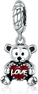 [Generic] Cute Teddy Bear Dangle Charm Bead Holding Love Heart Genuine 925 Sterling Silver Compatible With Bracelet