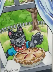Scottish Terrier Dog Pie thief ACEO painting Original Sketch Card by artist