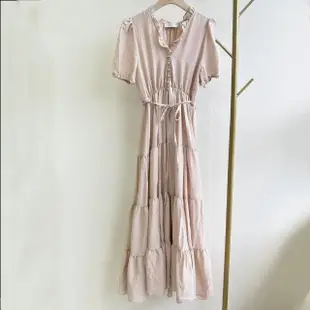 【MANI 瑪尼】韓製 荷葉邊綁帶V領洋裝-粉色(洋裝)