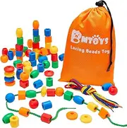 BMTOYS Threading Beads for 5 Year Olds - 70 Stringing Lacing Beads Crafts Toy with Travel Bag - Montessori Toys for Kids 3 4 5 6 7 8 Year Old Occupational Therapy Autism Fine Motor Skills Activities