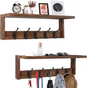 2 Pack Wall Mount Coat Rack with Shelf, Wood Coat Hanger with Hooks, Entryway Sh