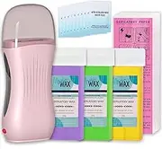 Roll on Wax Kit, Waxing Kit for Women and Men, Roll On Wax Warmer for Hair Removal, Wax Roller Kit for All Skin Types, Soft Wax Heater with 3 Pcs Wax Cartridges & 100 Pcs Wax Strips (Pink Round)