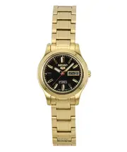 Seiko 5 Gold Tone Stainless Steel Black Dial Day/Date 21 Jewels Automatic SYMD96K1 Ladies Women's Watch