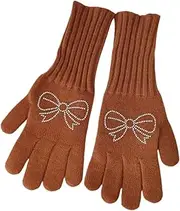 [JINZIJINYU] Knitted Touchscreen Gloves Long Gloves for Women Bowknot Hot Diamond Cycling Wool Ski Gloves Brown