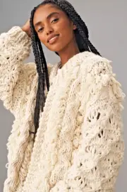 Anthropologie Loopy Shine FRINGE POPCORN OVERSIZE Cardigan Sweater IVORY ONESIZE