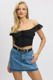 Black Crop Top Ruffle Off Shoulder Linen Blend - Size 14L, Women's Crop Top